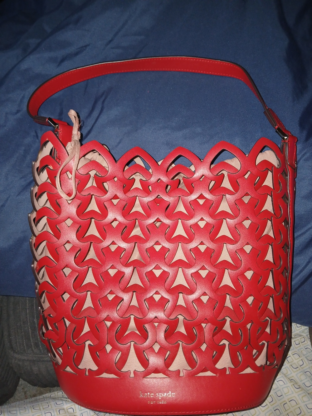 kate spade Red Cutout Leather Shoulder Bucket Bag with Cream Lining
